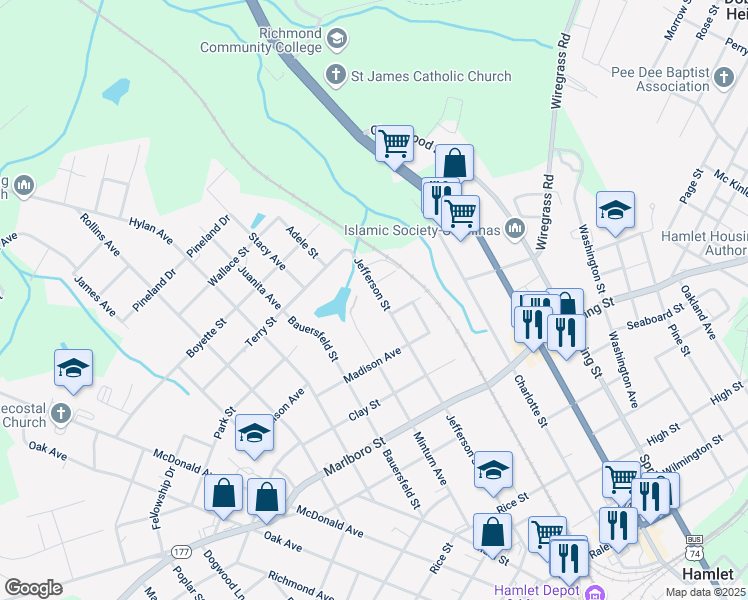 map of restaurants, bars, coffee shops, grocery stores, and more near 907 Jefferson Street in Hamlet