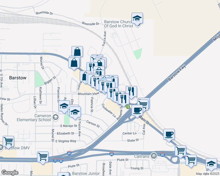 map of restaurants, bars, coffee shops, grocery stores, and more near 1400 East Main Street in Barstow