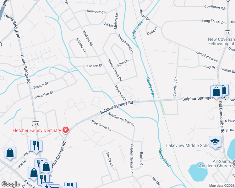 map of restaurants, bars, coffee shops, grocery stores, and more near 203 Watkins Road in Greenville