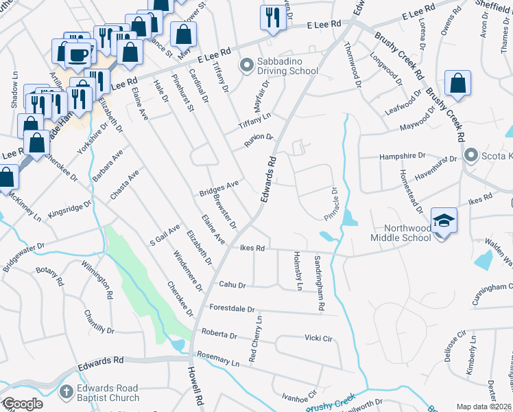 map of restaurants, bars, coffee shops, grocery stores, and more near 3504 Edwards Road in Taylors