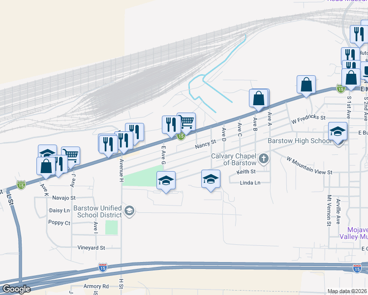 map of restaurants, bars, coffee shops, grocery stores, and more near 1251 Nancy Street in Barstow