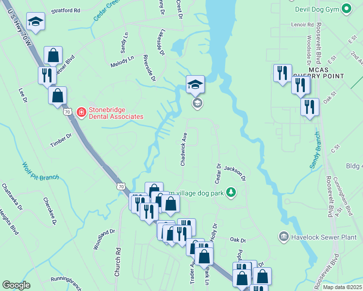 map of restaurants, bars, coffee shops, grocery stores, and more near 419 Chadwick Avenue in Havelock