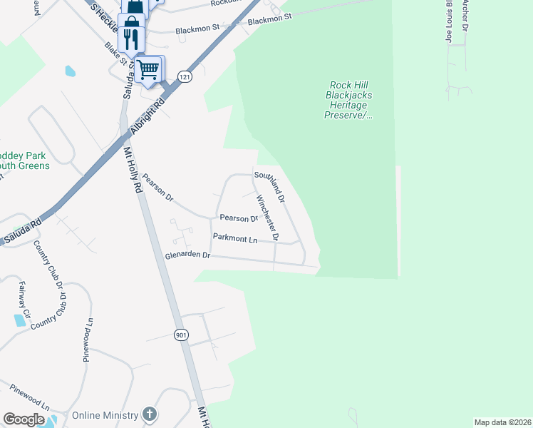 map of restaurants, bars, coffee shops, grocery stores, and more near Winchester Drive in Rock Hill