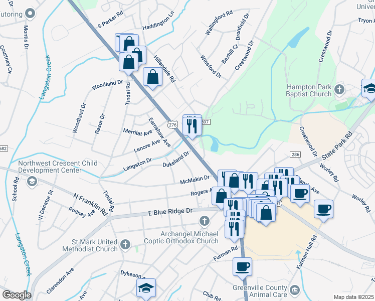map of restaurants, bars, coffee shops, grocery stores, and more near 2101 Poinsett Highway in Greenville