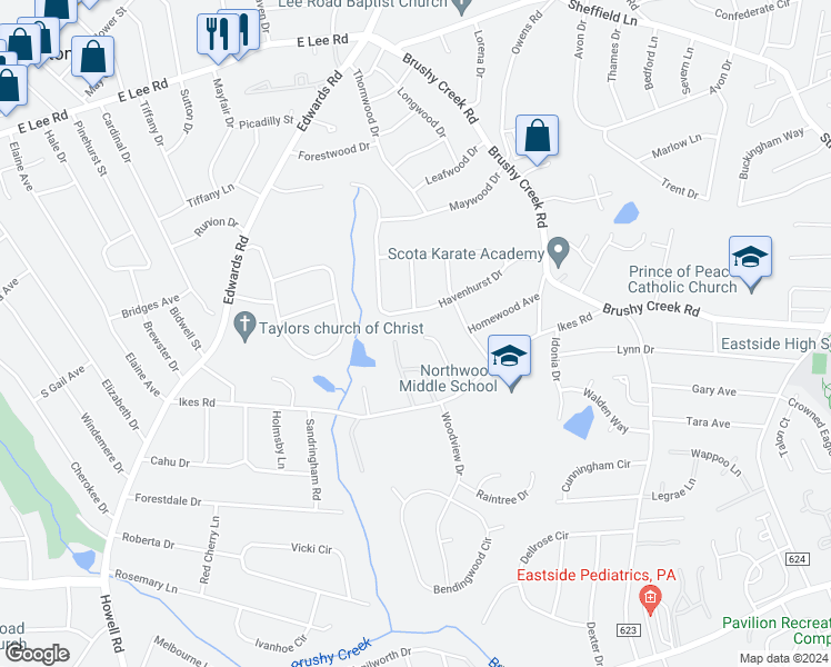 map of restaurants, bars, coffee shops, grocery stores, and more near 14 Dickens Lane in Taylors