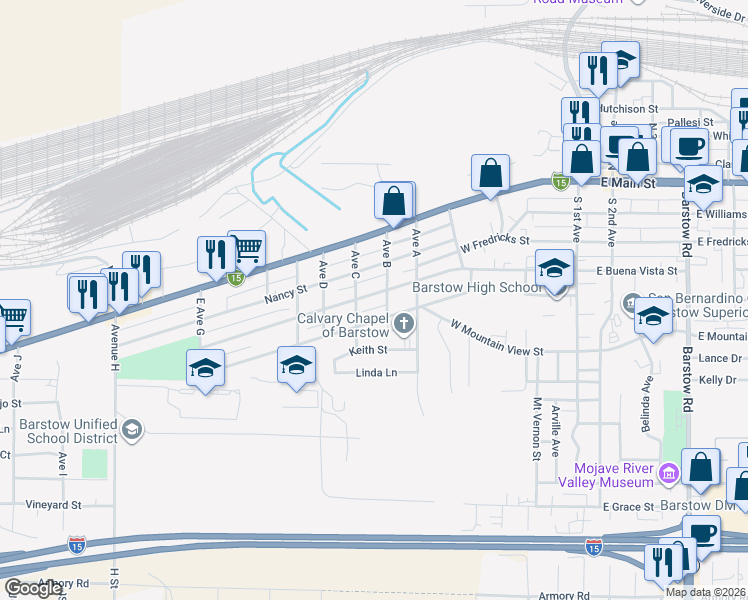 map of restaurants, bars, coffee shops, grocery stores, and more near 300 Avenue B in Barstow