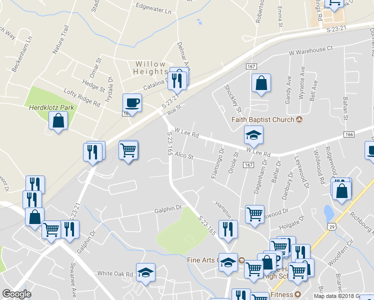 map of restaurants, bars, coffee shops, grocery stores, and more near 11 Hallcox Street in Greenville