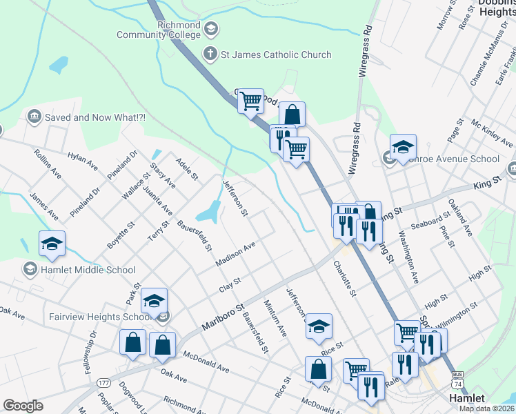map of restaurants, bars, coffee shops, grocery stores, and more near 106 Henry Street in Hamlet