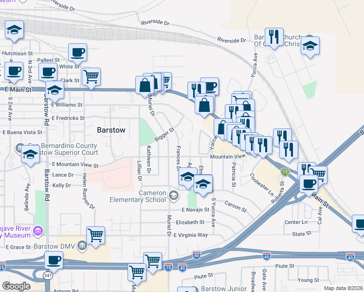 map of restaurants, bars, coffee shops, grocery stores, and more near 561 Frances Drive in Barstow