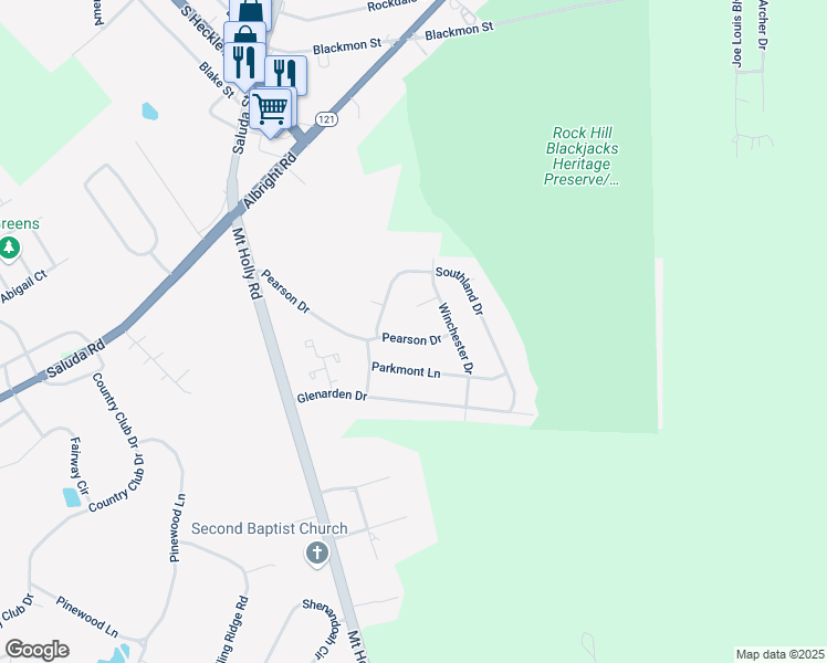 map of restaurants, bars, coffee shops, grocery stores, and more near 1139 Pearson Drive in Rock Hill