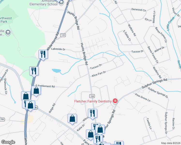 map of restaurants, bars, coffee shops, grocery stores, and more near 402 Hunts Bridge Road in Greenville