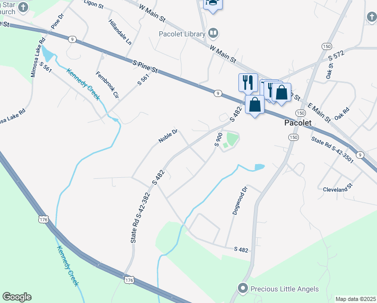map of restaurants, bars, coffee shops, grocery stores, and more near 313 South 482 in Pacolet
