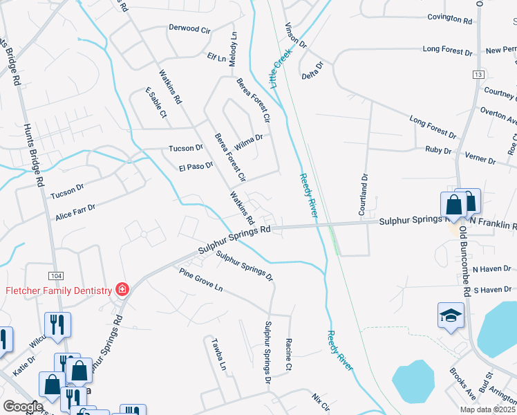 map of restaurants, bars, coffee shops, grocery stores, and more near 201 Watkins Road in Greenville