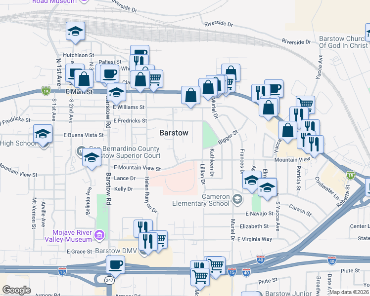 map of restaurants, bars, coffee shops, grocery stores, and more near Mary Anne Avenue in Barstow