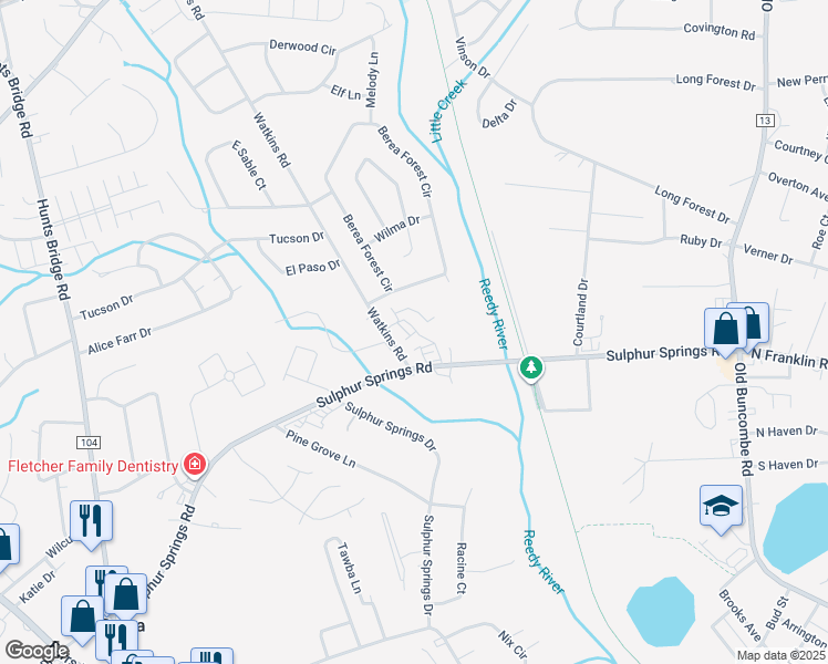 map of restaurants, bars, coffee shops, grocery stores, and more near 201 Watkins Road in Greenville