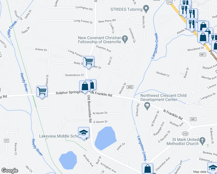 map of restaurants, bars, coffee shops, grocery stores, and more near 16 Paris Creek Court in Greenville