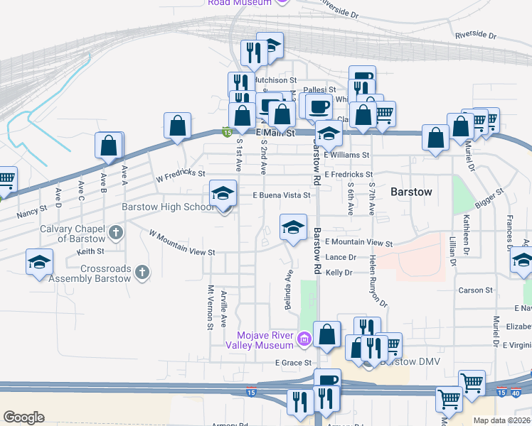 map of restaurants, bars, coffee shops, grocery stores, and more near 425 South 2nd Avenue in Barstow