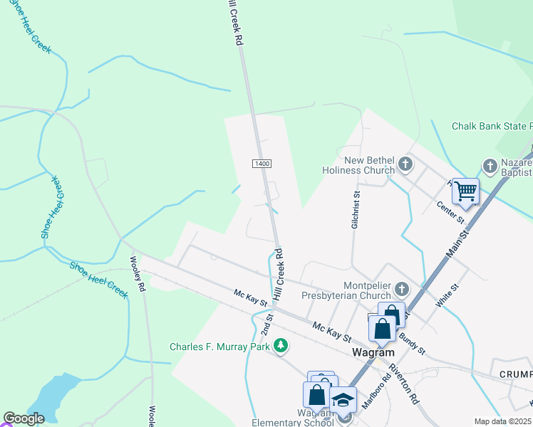 map of restaurants, bars, coffee shops, grocery stores, and more near 25200 Hill Creek Road in Wagram