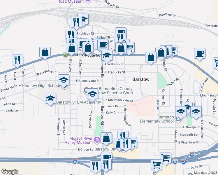 map of restaurants, bars, coffee shops, grocery stores, and more near 431 Pioneer Street in Barstow
