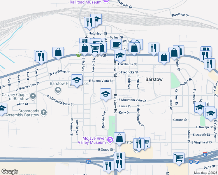 map of restaurants, bars, coffee shops, grocery stores, and more near 309 Pioneer Street in Barstow
