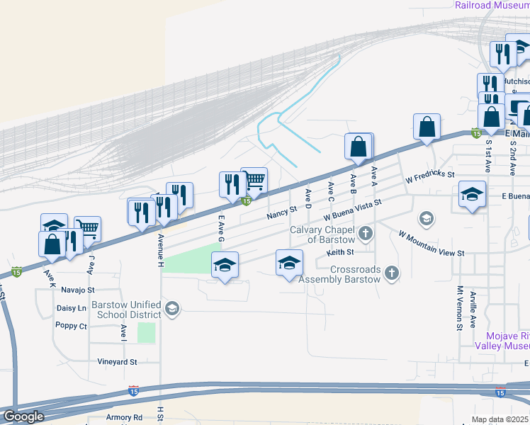map of restaurants, bars, coffee shops, grocery stores, and more near 1130 Nancy Street in Barstow