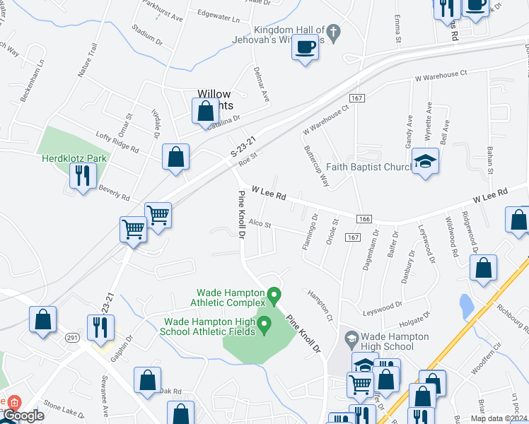 map of restaurants, bars, coffee shops, grocery stores, and more near 11 Hallcox Street in Greenville