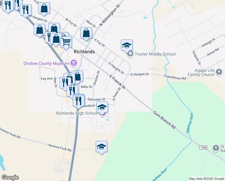 map of restaurants, bars, coffee shops, grocery stores, and more near 109 East Point Street in Richlands