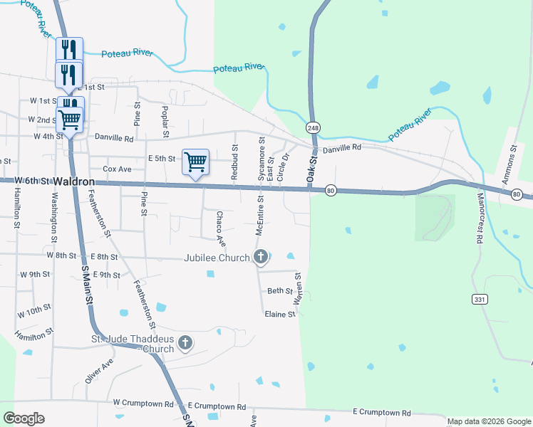 map of restaurants, bars, coffee shops, grocery stores, and more near 671 McEntire Street in Waldron