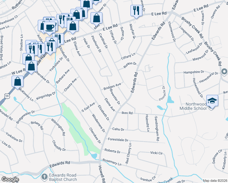 map of restaurants, bars, coffee shops, grocery stores, and more near 13 Brewster Drive in Taylors