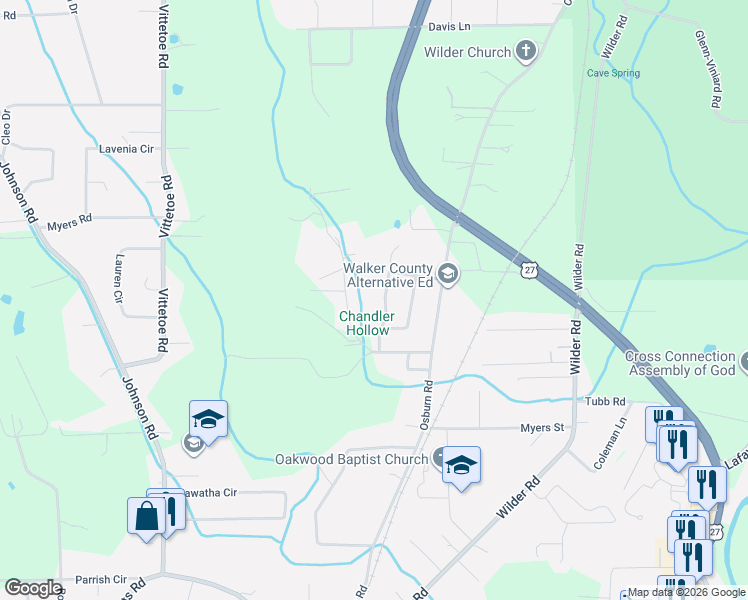 map of restaurants, bars, coffee shops, grocery stores, and more near 113 Stokely Drive in Chickamauga