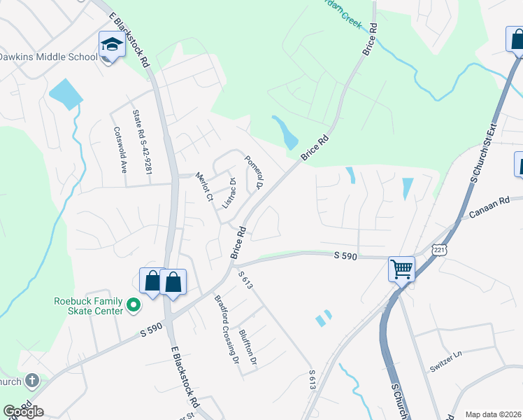 map of restaurants, bars, coffee shops, grocery stores, and more near 501 Brice Road in Roebuck