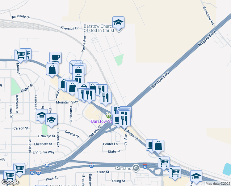 map of restaurants, bars, coffee shops, grocery stores, and more near 1574 Riverside Drive in Barstow