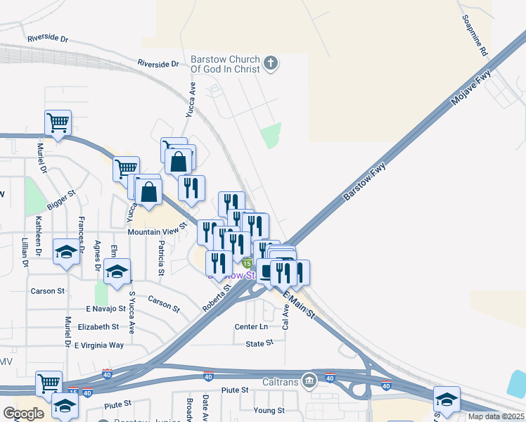 map of restaurants, bars, coffee shops, grocery stores, and more near 1574 Riverside Drive in Barstow