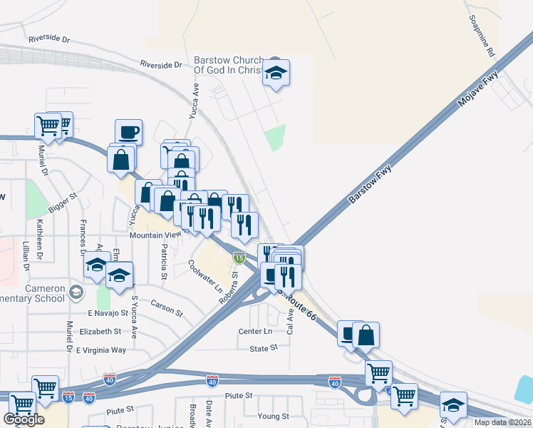 map of restaurants, bars, coffee shops, grocery stores, and more near 1580 Riverside Drive in Barstow