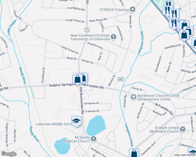 map of restaurants, bars, coffee shops, grocery stores, and more near 9 Paris Creek Court in Greenville