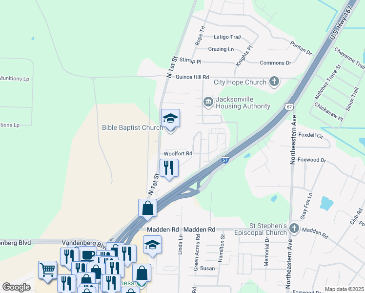 map of restaurants, bars, coffee shops, grocery stores, and more near 72-154 Woolfort Road in Jacksonville