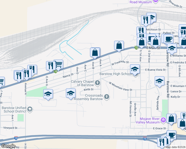 map of restaurants, bars, coffee shops, grocery stores, and more near 300 Ave B in Barstow