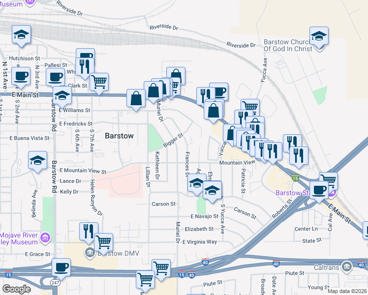 map of restaurants, bars, coffee shops, grocery stores, and more near 540 Frances Drive in Barstow
