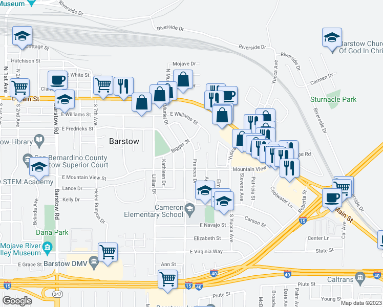 map of restaurants, bars, coffee shops, grocery stores, and more near 540 Frances Drive in Barstow
