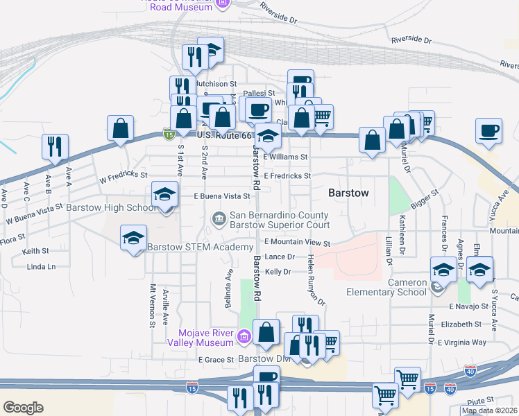 map of restaurants, bars, coffee shops, grocery stores, and more near 501 Barstow Road in Barstow