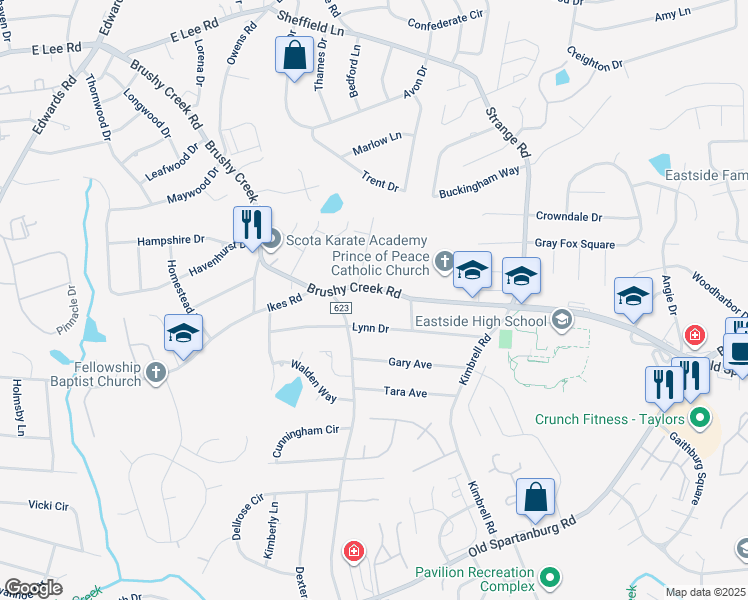 map of restaurants, bars, coffee shops, grocery stores, and more near 109 Lynn Drive in Taylors