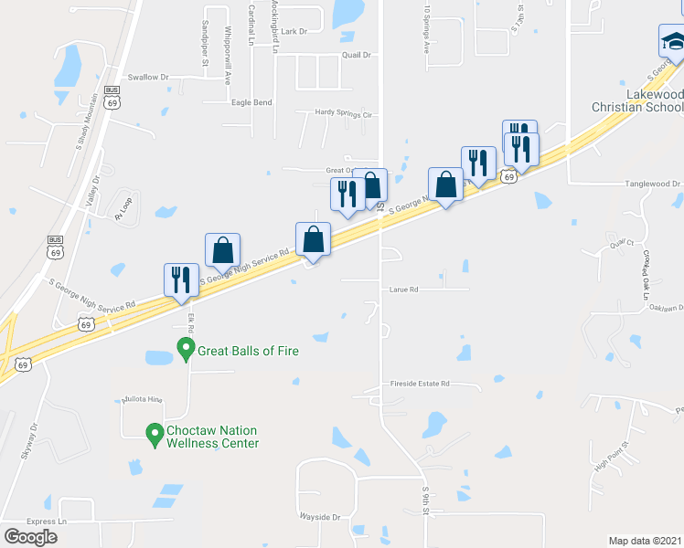 map of restaurants, bars, coffee shops, grocery stores, and more near 705 Cedar Ridge Drive in McAlester