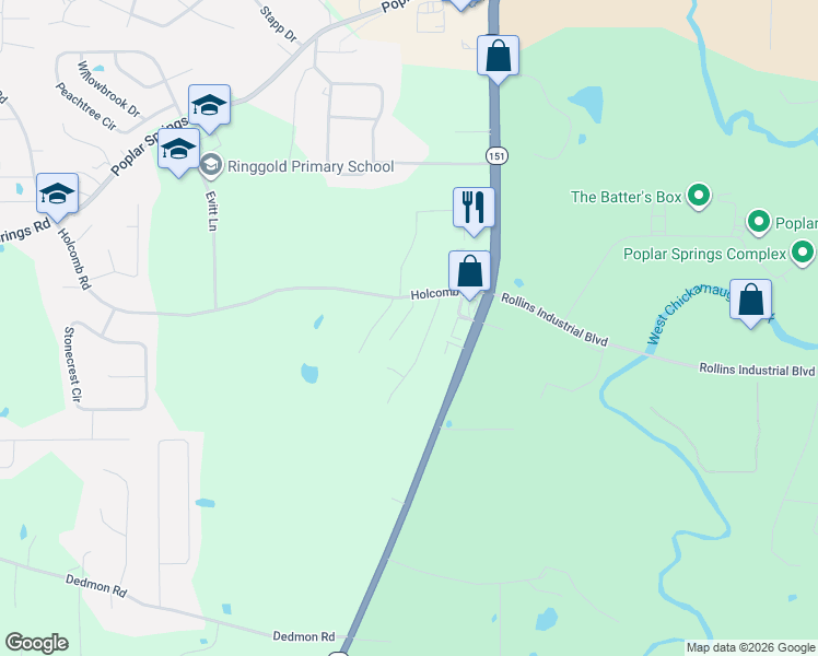 map of restaurants, bars, coffee shops, grocery stores, and more near 130 Chestnut Ridge Road in Ringgold
