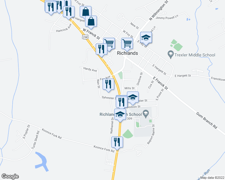 map of restaurants, bars, coffee shops, grocery stores, and more near 8203 Richlands Highway in Richlands