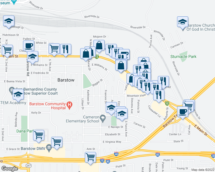 map of restaurants, bars, coffee shops, grocery stores, and more near 541 Frances Drive in Barstow