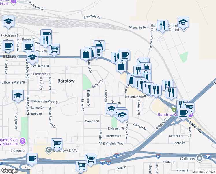 map of restaurants, bars, coffee shops, grocery stores, and more near 541 Frances Drive in Barstow