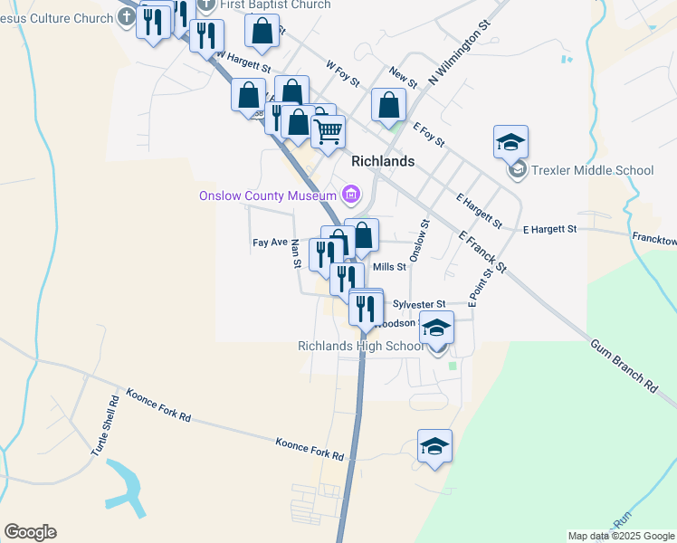 map of restaurants, bars, coffee shops, grocery stores, and more near 8203 Richlands Highway in Richlands