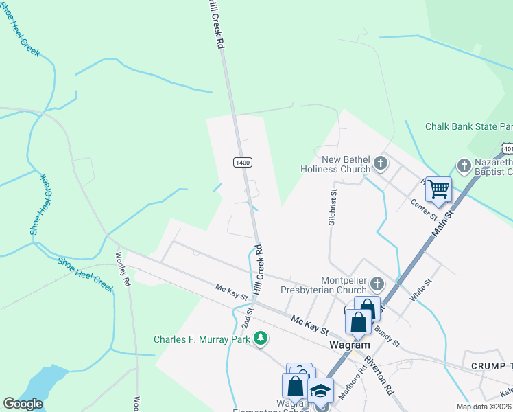 map of restaurants, bars, coffee shops, grocery stores, and more near 25201 Hill Creek Road in Wagram