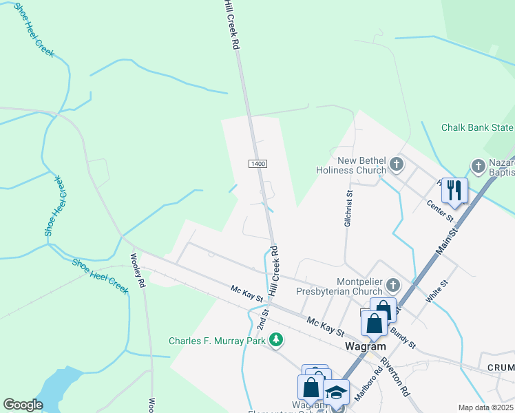 map of restaurants, bars, coffee shops, grocery stores, and more near 25200 Hill Creek Road in Wagram