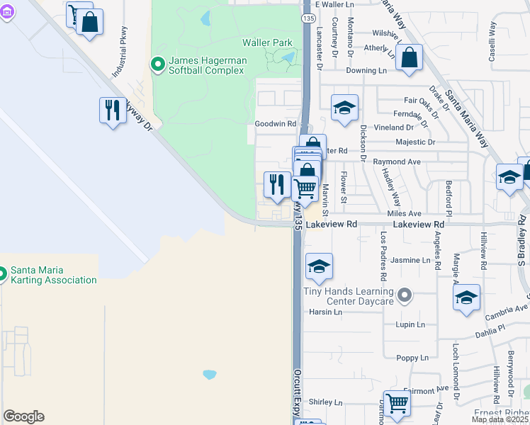 map of restaurants, bars, coffee shops, grocery stores, and more near 3564 Skyway Drive in Santa Maria